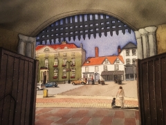View of The Angel Hotel on Market Hill, Bury St Edmunds , from Abbey Gardens